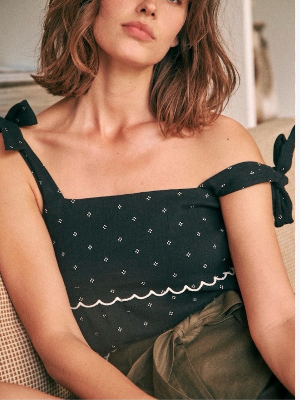 Sezane black cotton gauze Sonia tie women’s tank top layered scallop hem 38 6